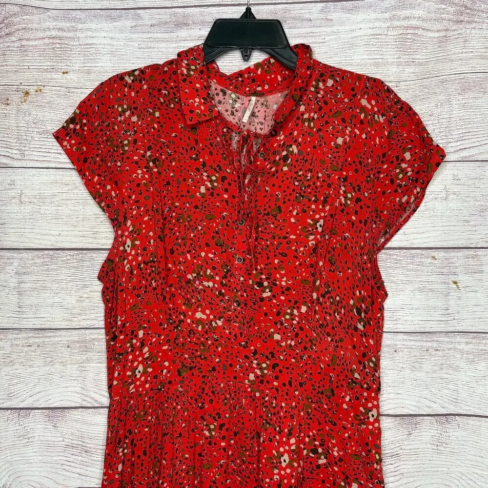 Free People 40's Print Midi Button Up Cap Sleeve Red Lined Shirt Dress Size 12